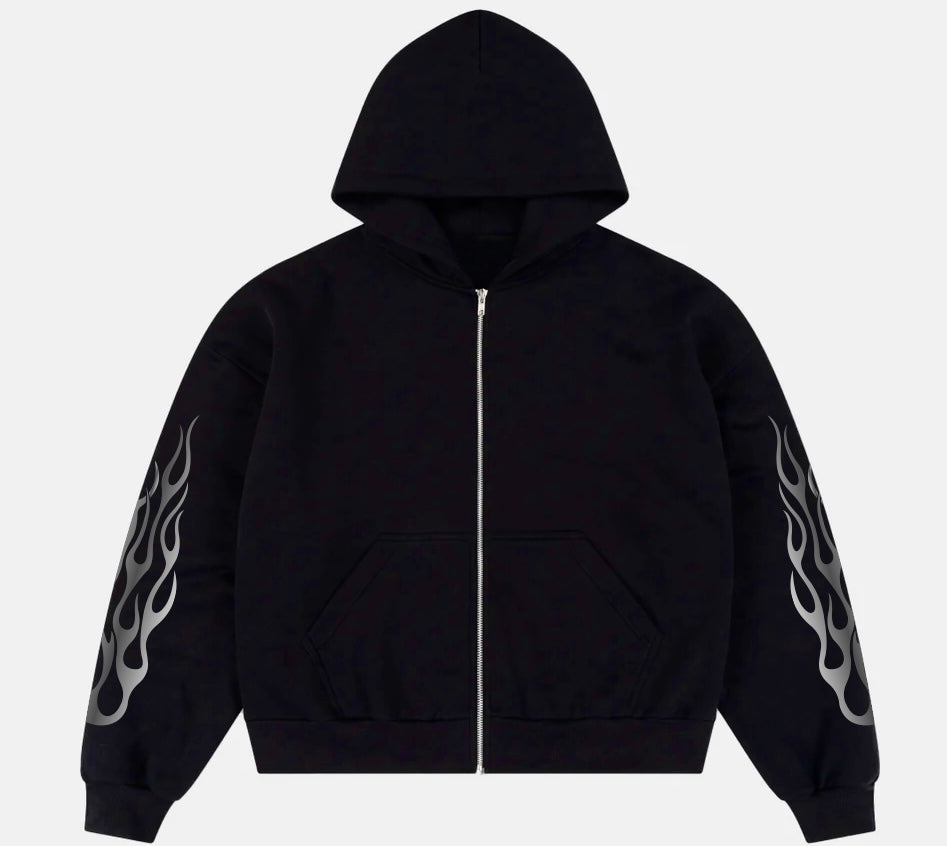 Zip Hoodie Boxy Black Flamas